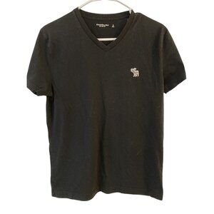 Abercrombie & Fitch Black V-Neck T-Shirt With Moose Logo Size S Cotton Blend